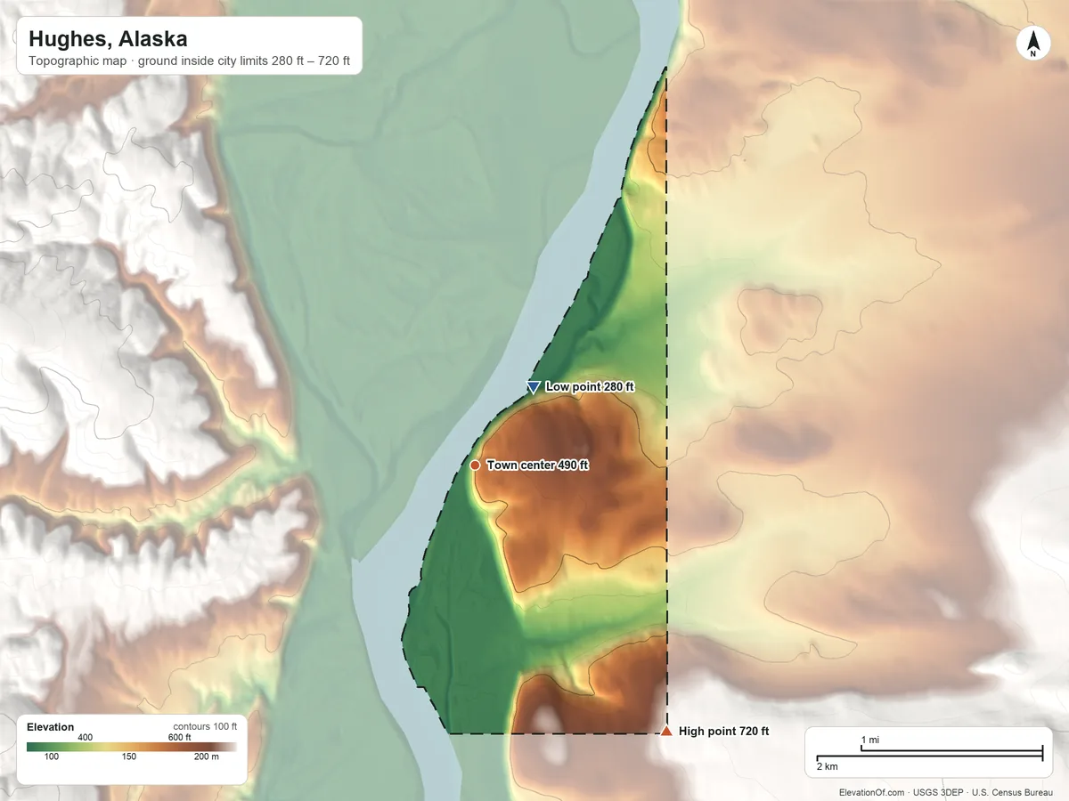 Topographic elevation map of Hughes, Alaska, shaded from 280 ft on the northeast side to 720 ft at the foot of the Hatdolitna Hills