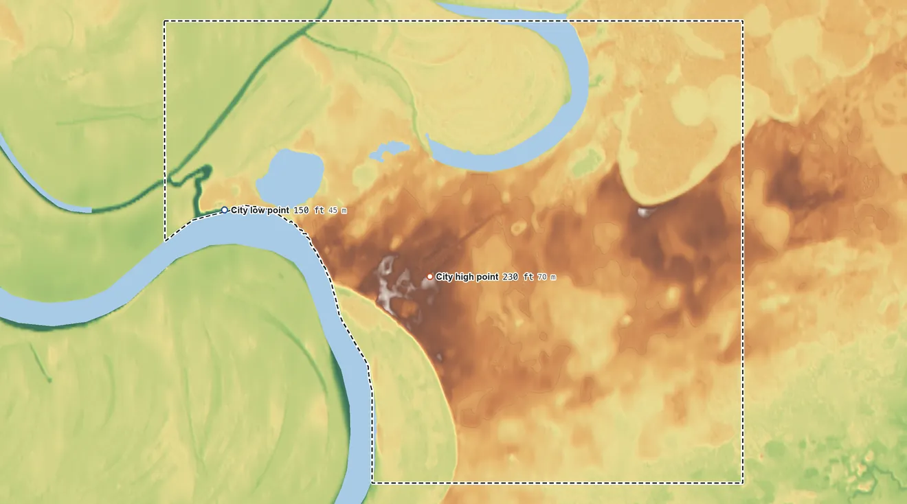 Topographic elevation map of Huslia, Alaska, shaded from 150 ft on the west side to 230 ft on the southeast side
