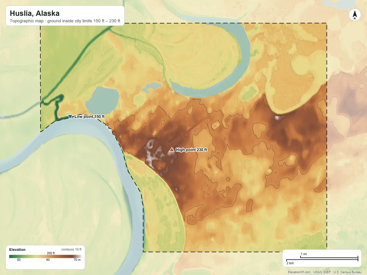 Topographic elevation map of Huslia, Alaska, shaded from 150 ft on the west side to 230 ft on the southeast side