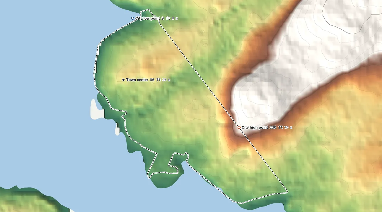 Topographic elevation map of Hydaburg, Alaska, shaded from sea level level on the Sukkwan Strait to 230 ft on the east edge, below higher ground just outside