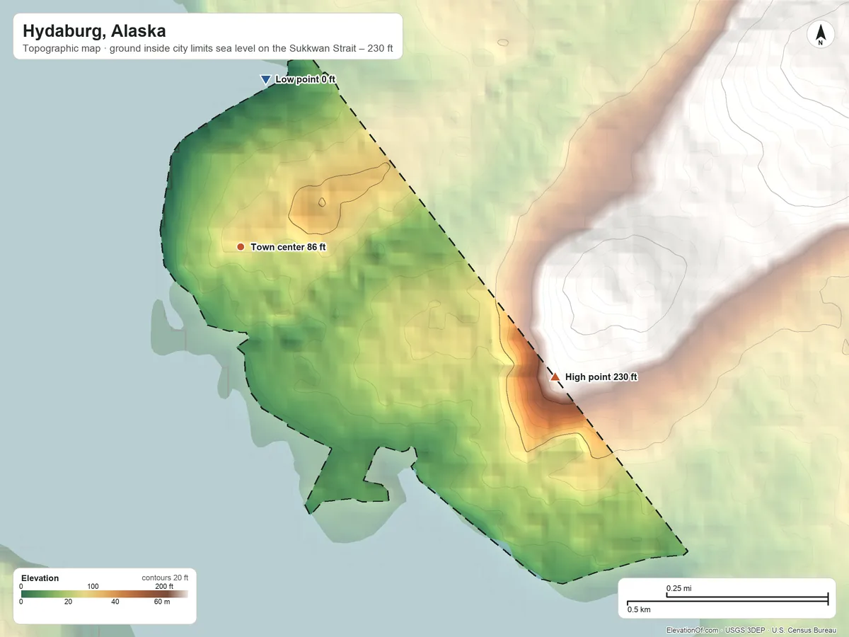 Topographic elevation map of Hydaburg, Alaska, shaded from sea level level on the Sukkwan Strait to 230 ft on the east edge, below higher ground just outside