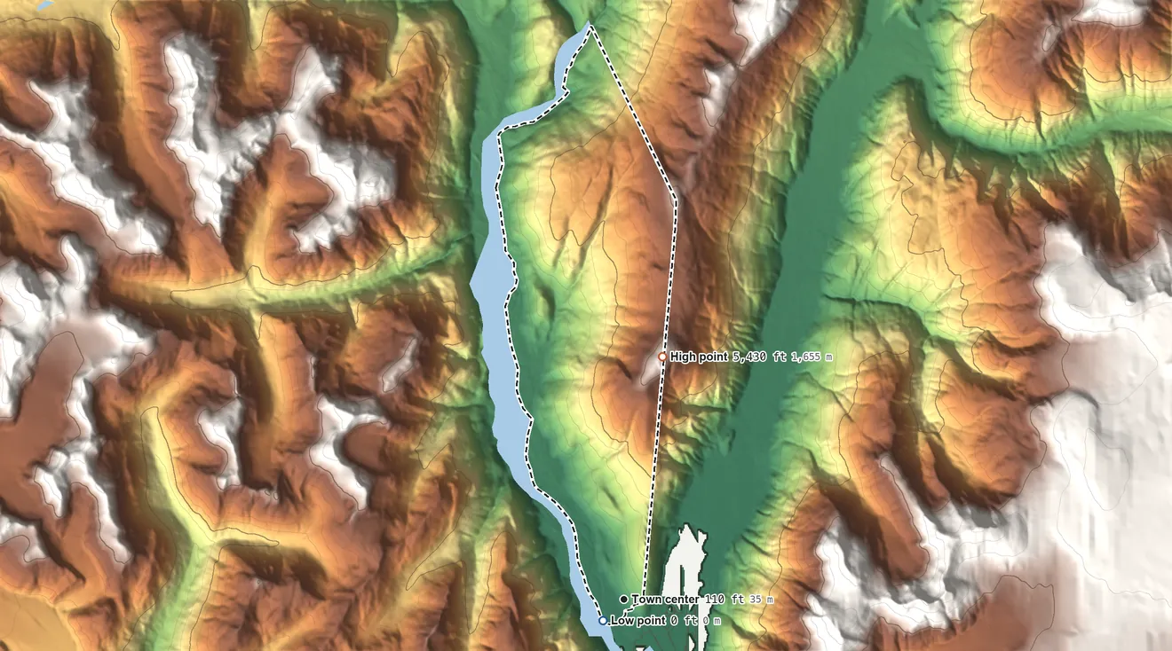 Topographic elevation map of Hyder, Alaska, shaded from 0 ft near the middle to 5,430 ft on Mount Dolly