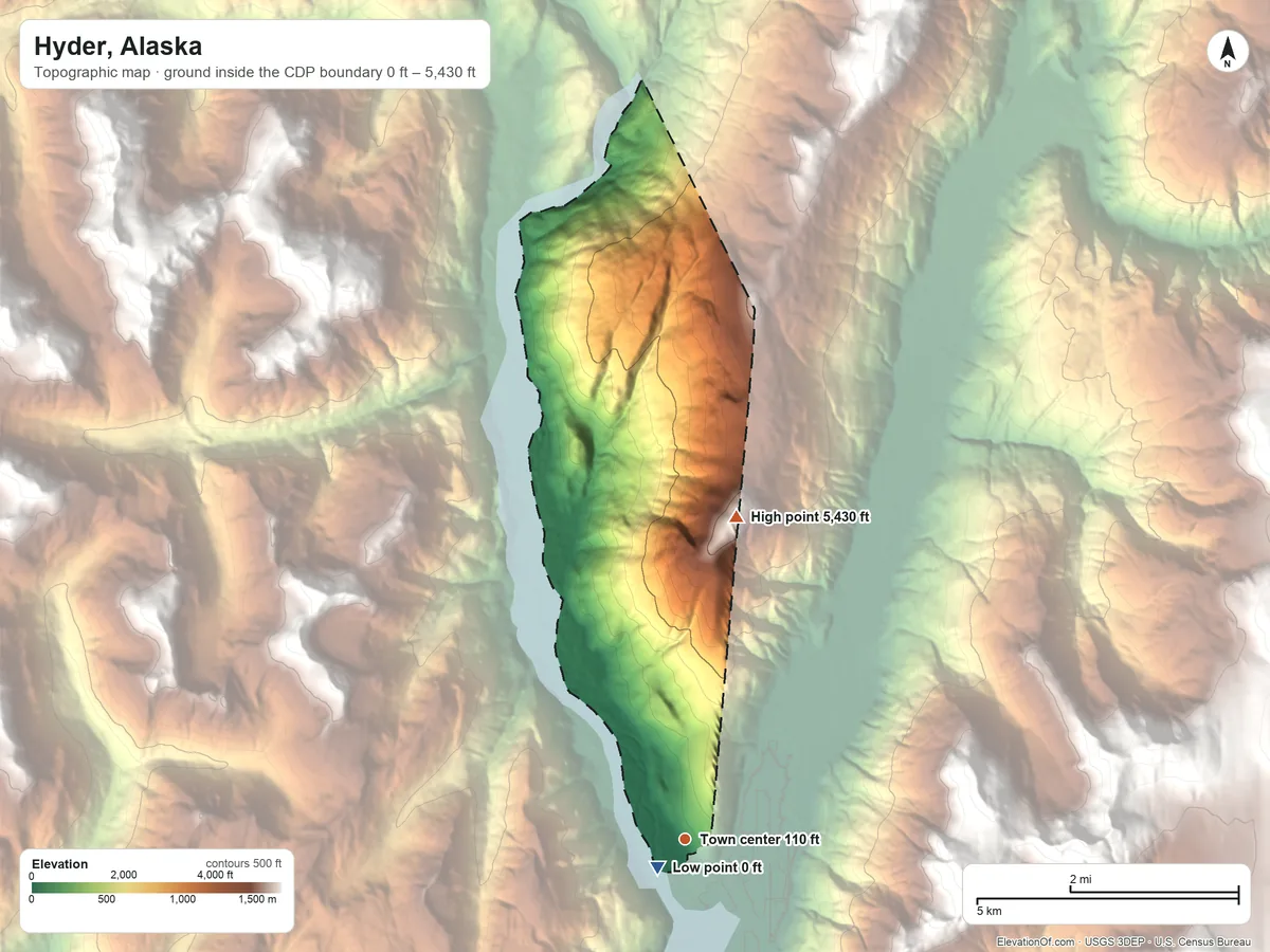Topographic elevation map of Hyder, Alaska, shaded from 0 ft near the middle to 5,430 ft on Mount Dolly