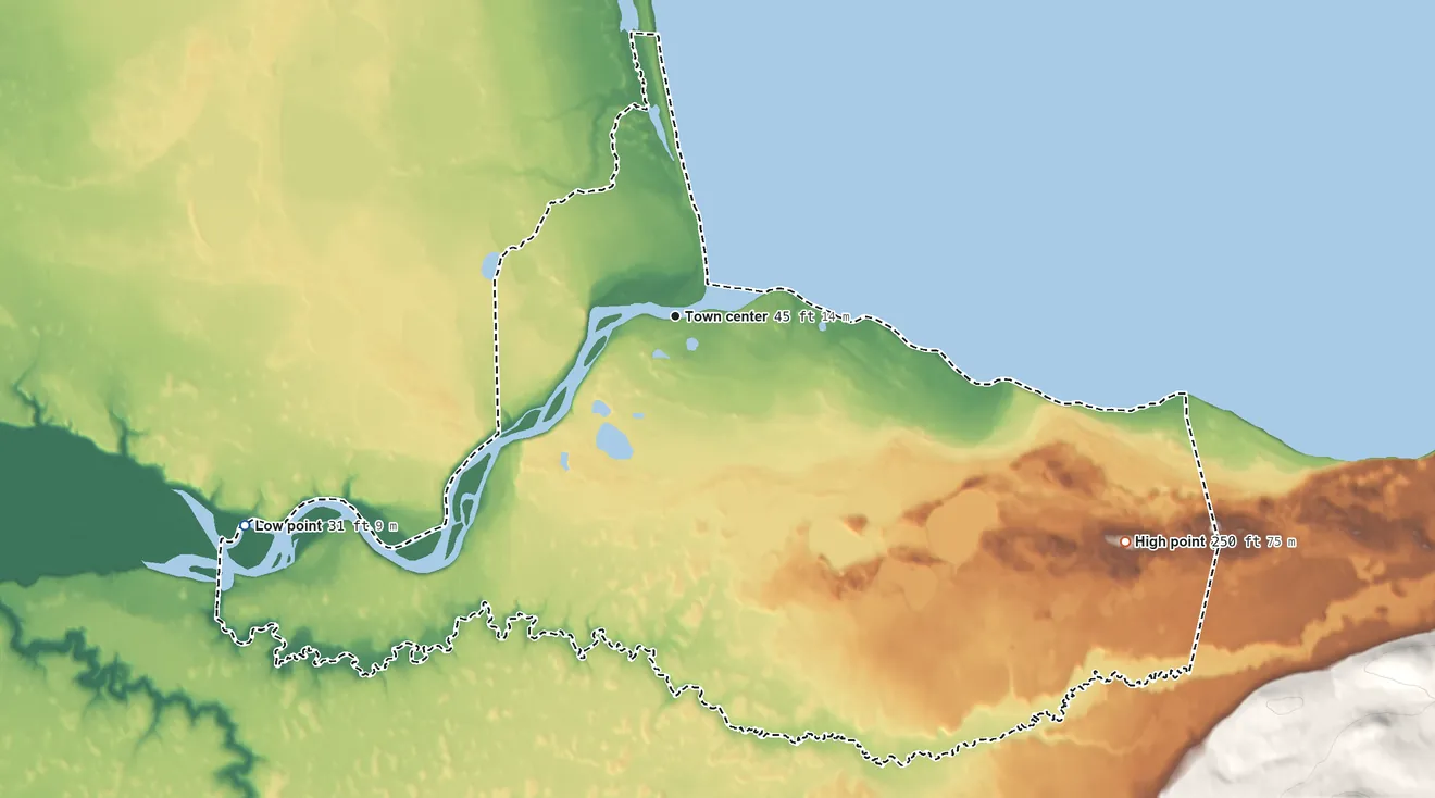 Topographic elevation map of Igiugig, Alaska, shaded from 31 ft on the southwest side to 250 ft on the southeast side