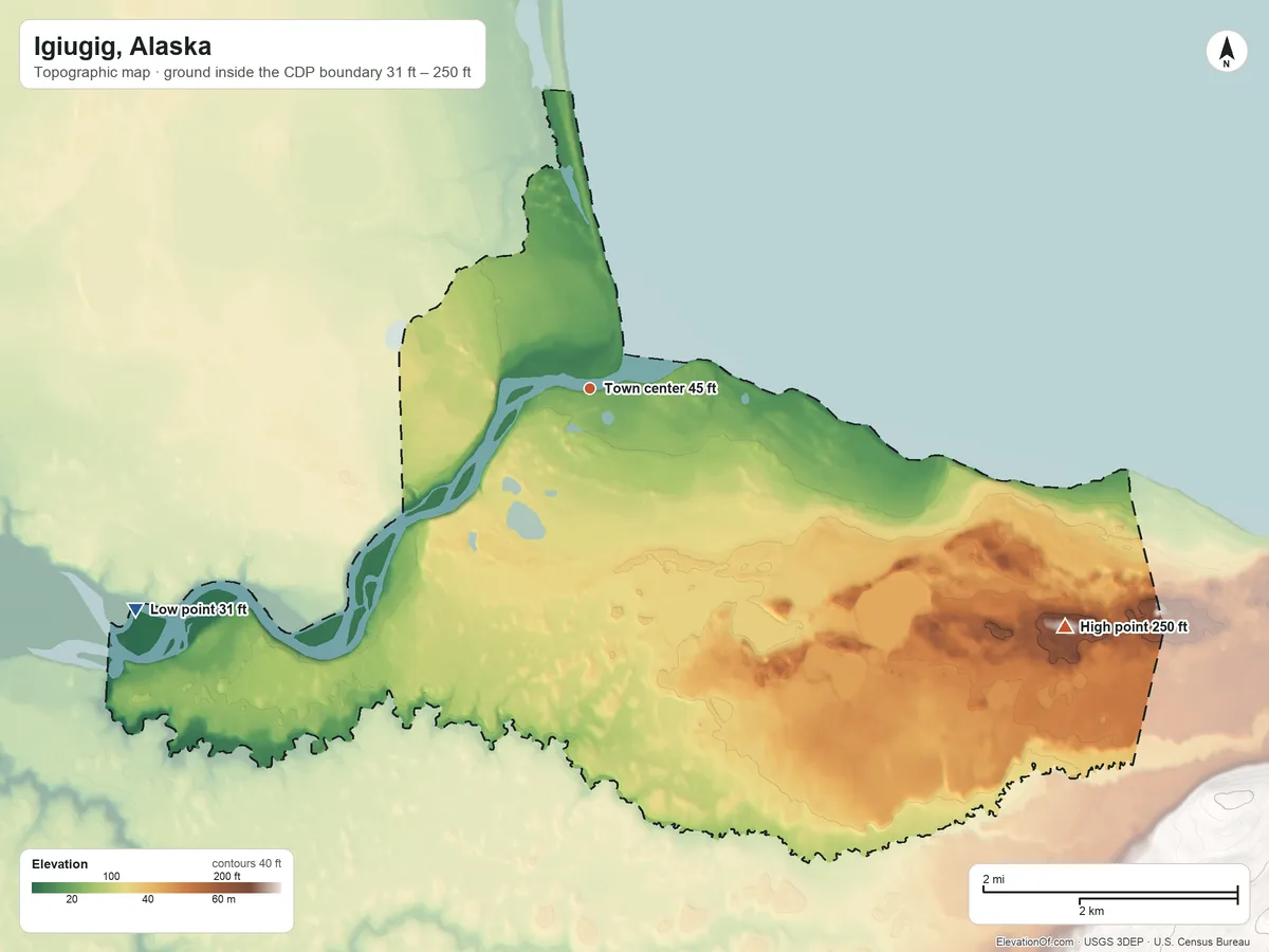 Topographic elevation map of Igiugig, Alaska, shaded from 31 ft on the southwest side to 250 ft on the southeast side