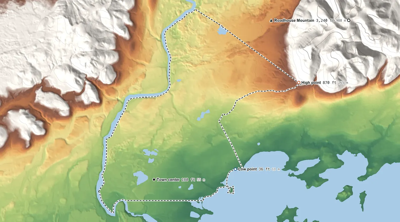 Topographic elevation map of Iliamna, Alaska, shaded from 36 ft on the east side to 870 ft on the northeast edge, below higher ground just outside