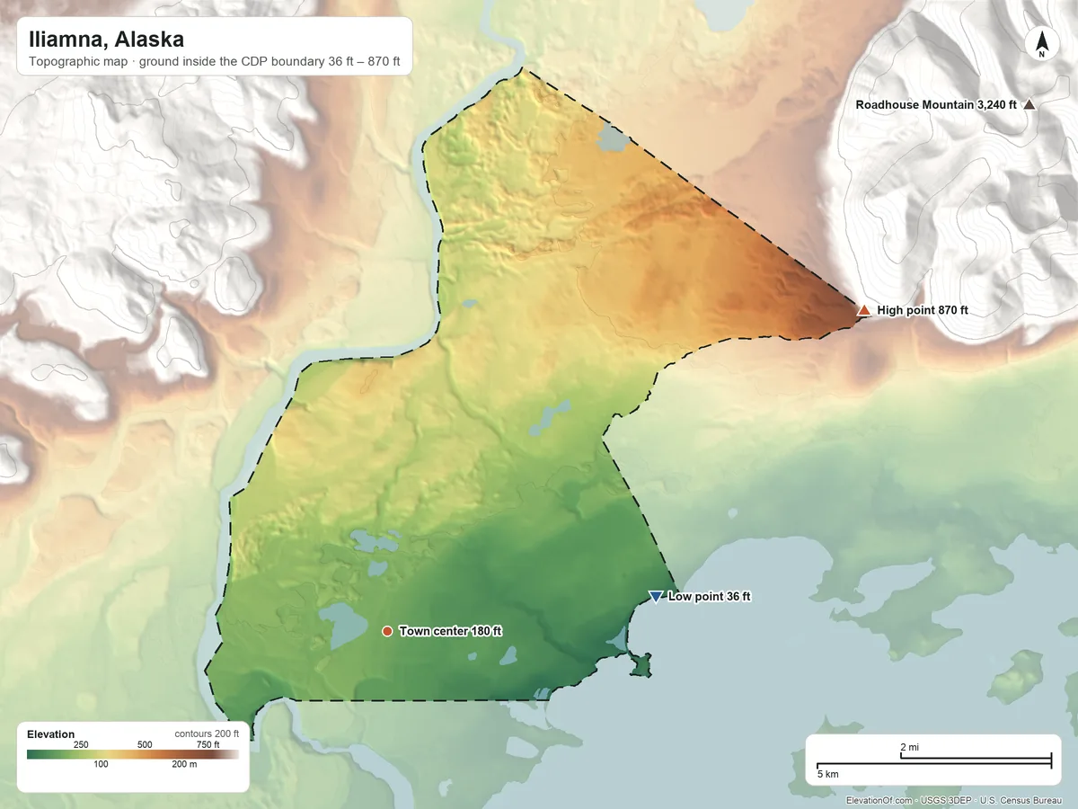 Topographic elevation map of Iliamna, Alaska, shaded from 36 ft on the east side to 870 ft on the northeast edge, below higher ground just outside