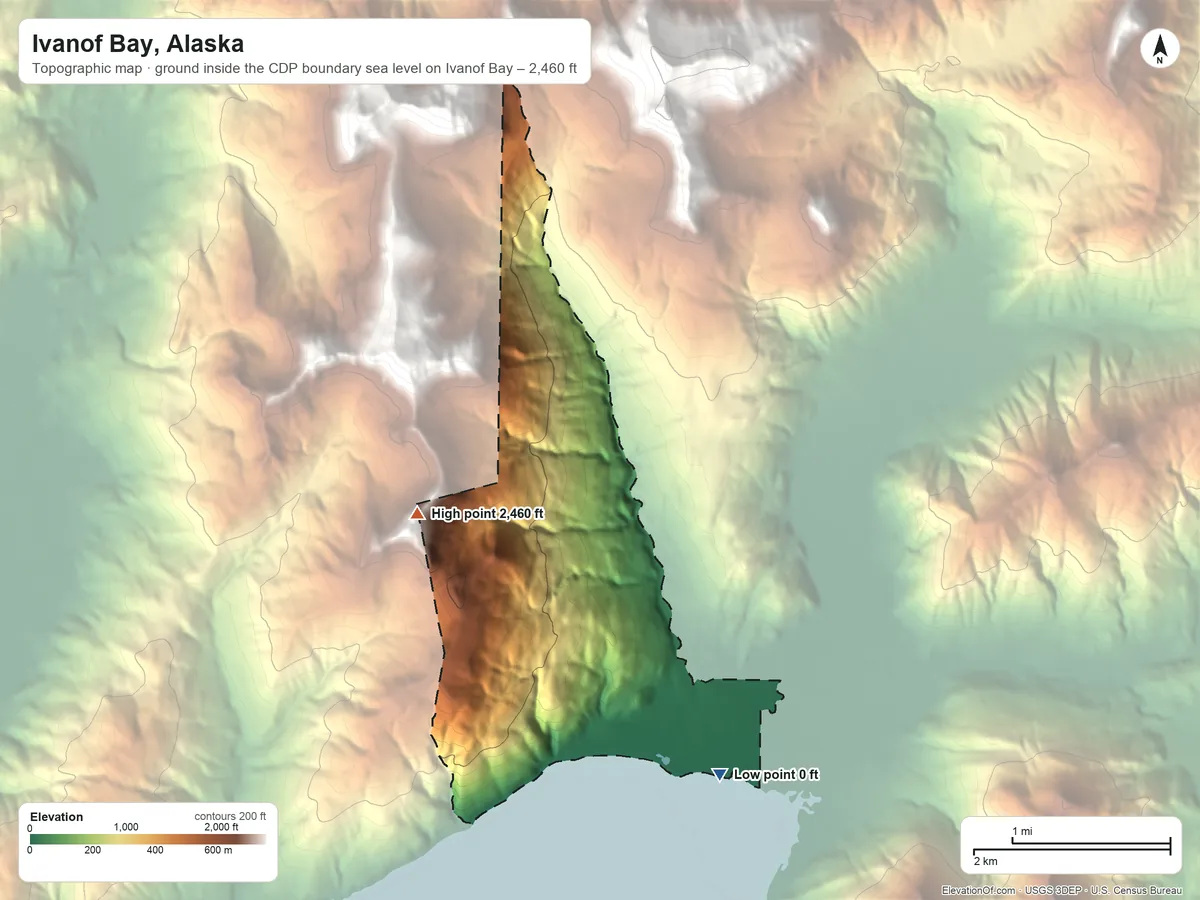 Topographic elevation map of Ivanof Bay, Alaska, shaded from sea level level on Ivanof Bay to 2,460 ft on the west edge, below higher ground just outside