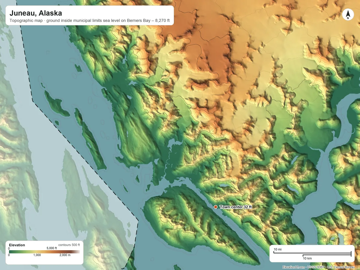 Topographic elevation map of Juneau, Alaska, shaded from sea level level on Berners Bay to 8,270 ft on the northeast edge, below higher ground just outside
