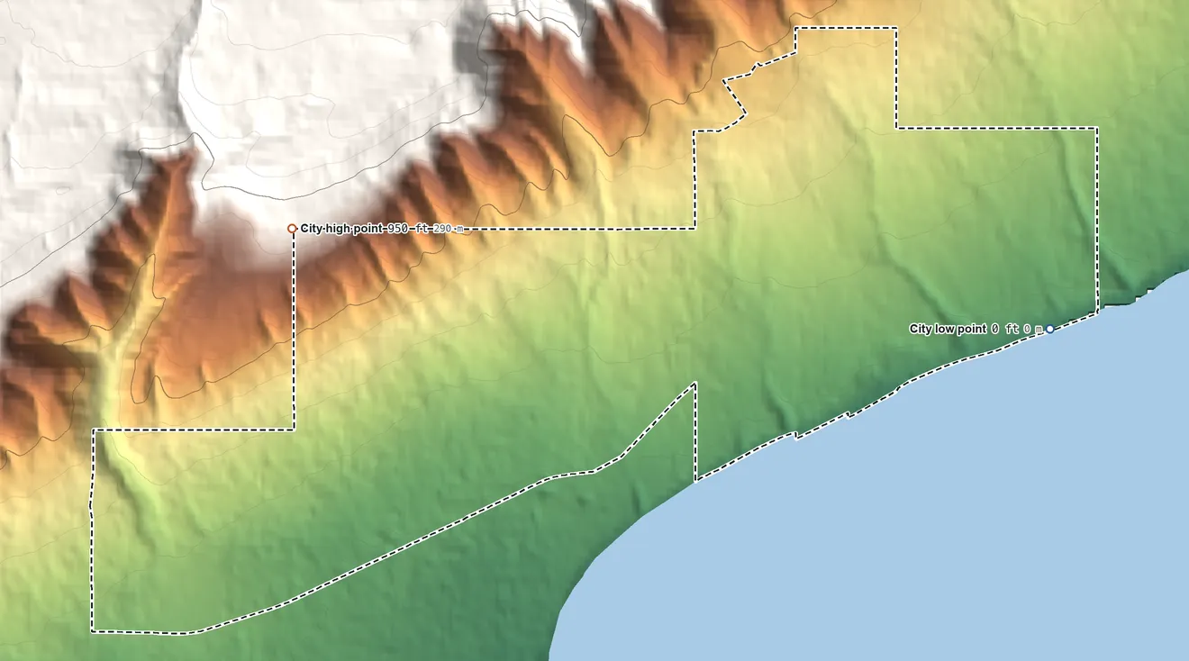 Topographic elevation map of Kachemak, Alaska, shaded from sea level level on Kachemak Bay to 950 ft on the west edge, below higher ground just outside