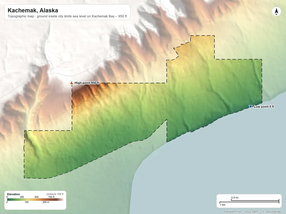 Topographic elevation map of Kachemak, Alaska, shaded from sea level level on Kachemak Bay to 950 ft on the west edge, below higher ground just outside