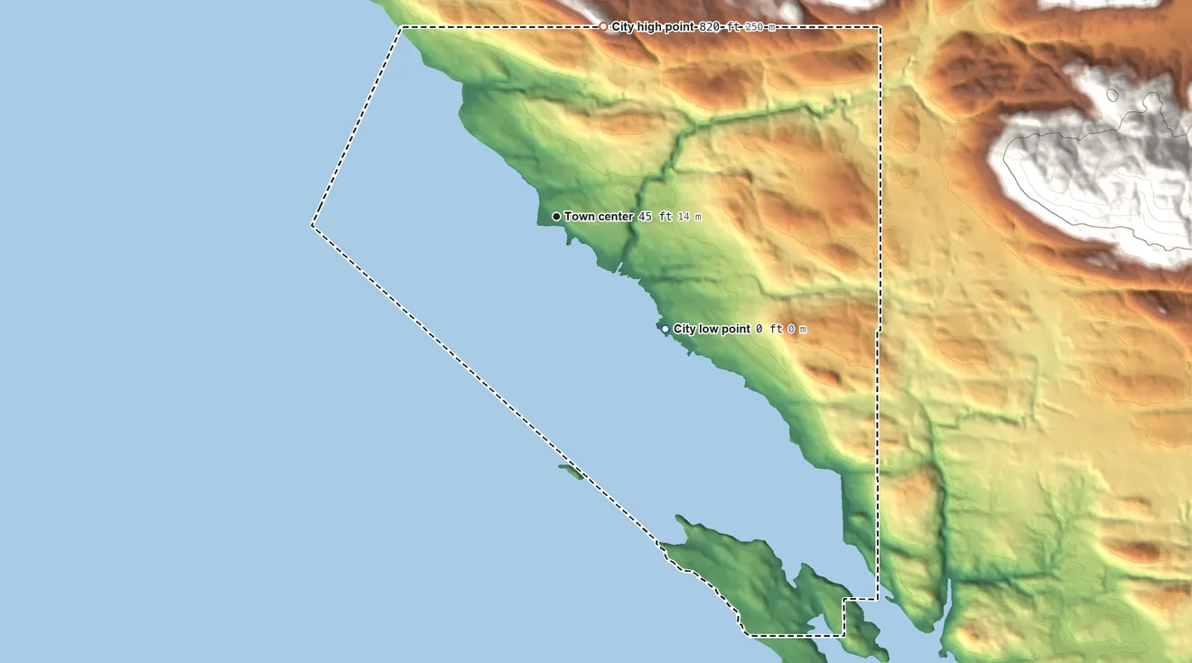 Topographic elevation map of Kake, Alaska, shaded from sea level level on the Keku Strait to 820 ft on the north edge, below higher ground just outside