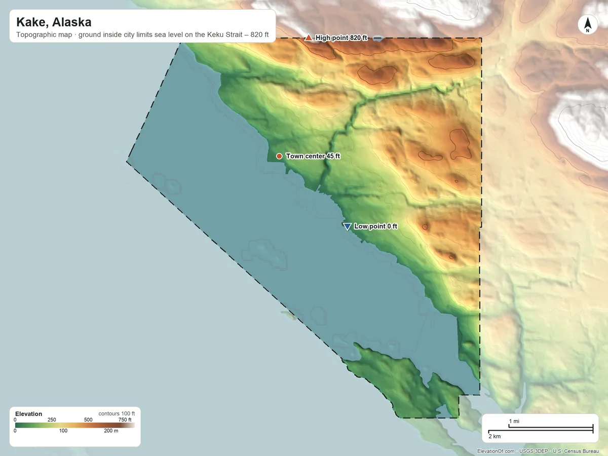 Topographic elevation map of Kake, Alaska, shaded from sea level level on the Keku Strait to 820 ft on the north edge, below higher ground just outside