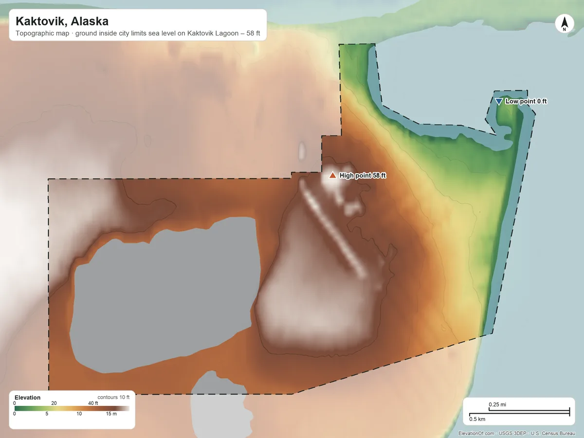 Topographic elevation map of Kaktovik, Alaska, shaded from sea level level on Kaktovik Lagoon to 58 ft on the west side