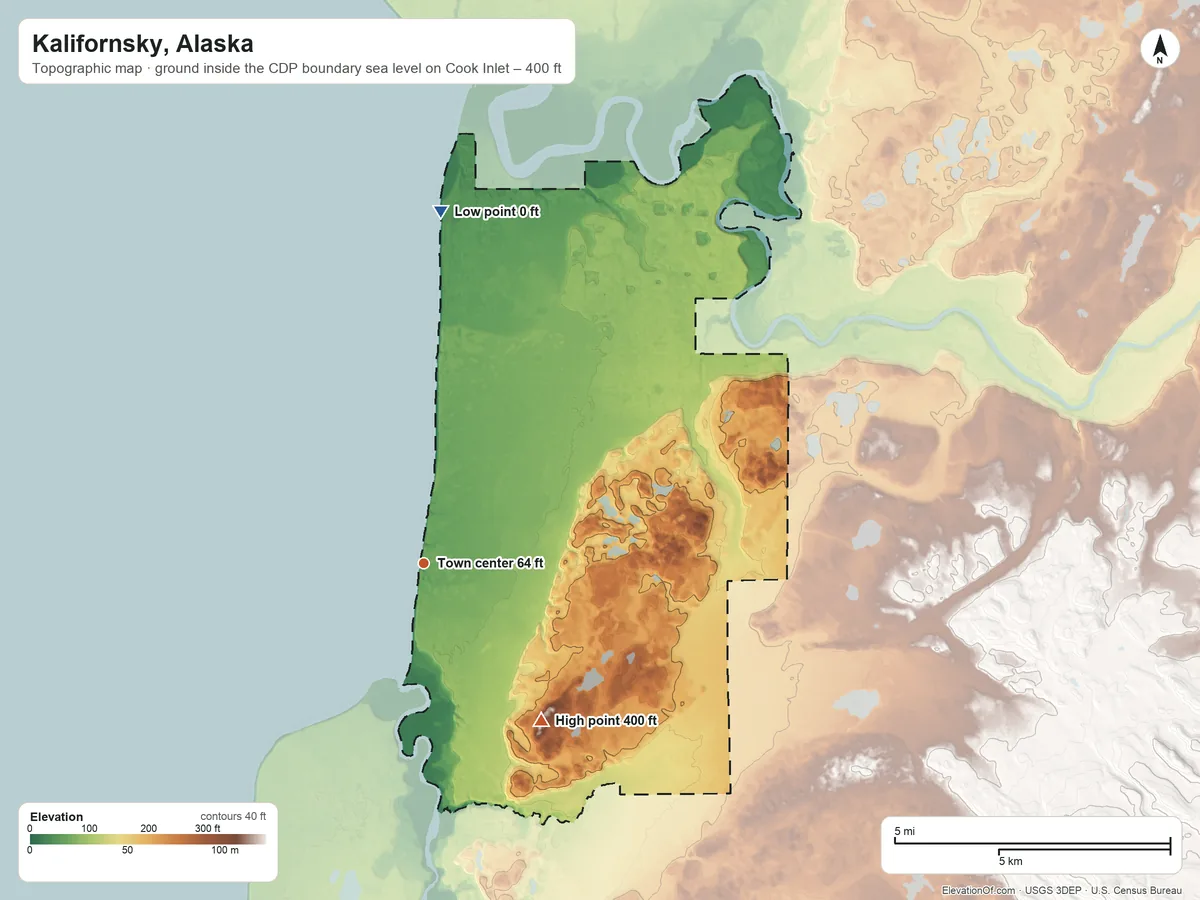 Topographic elevation map of Kalifornsky, Alaska, shaded from sea level level on Cook Inlet to 400 ft on the southeast side
