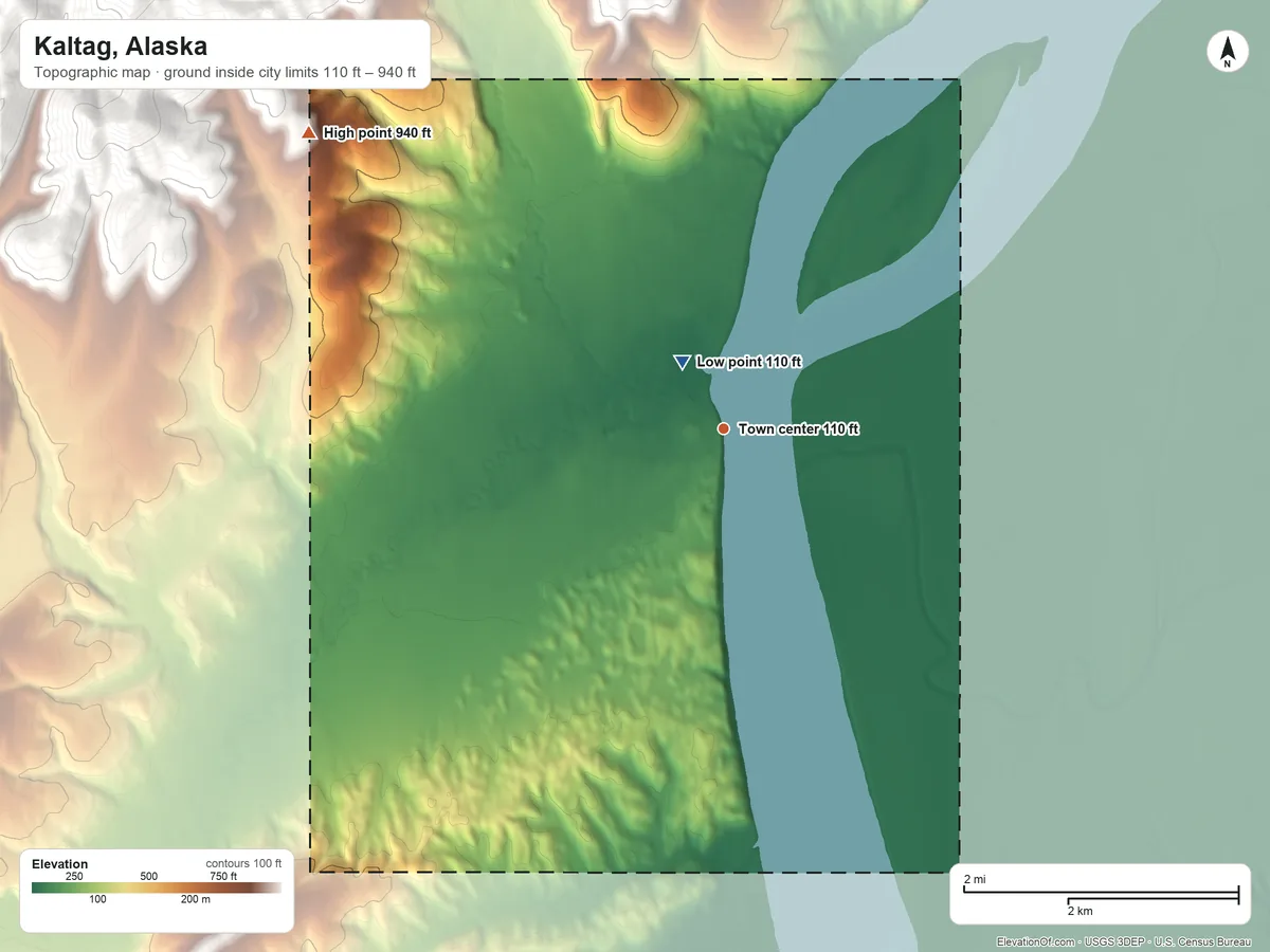 Topographic elevation map of Kaltag, Alaska, shaded from 110 ft near the middle to 940 ft on the northwest edge, below higher ground just outside