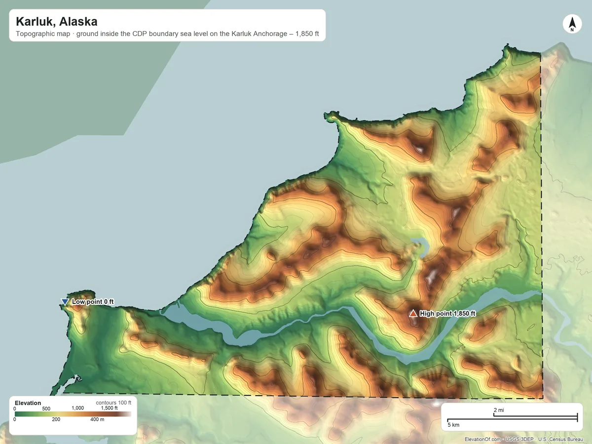 Topographic elevation map of Karluk, Alaska, shaded from sea level level on the Karluk Anchorage to 1,850 ft on the east side