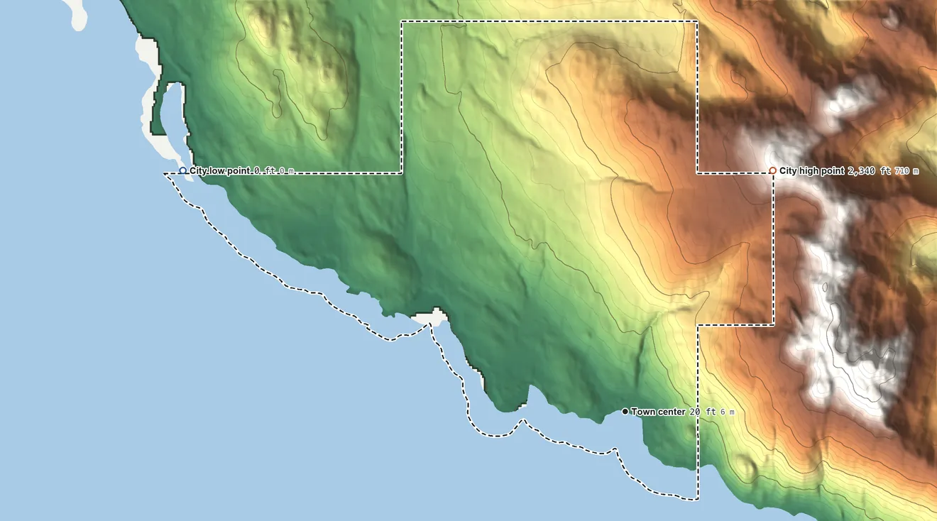 Topographic elevation map of Kasaan, Alaska, shaded from sea level level on Kasaan Bay to 2,340 ft on the northeast edge, below higher ground just outside
