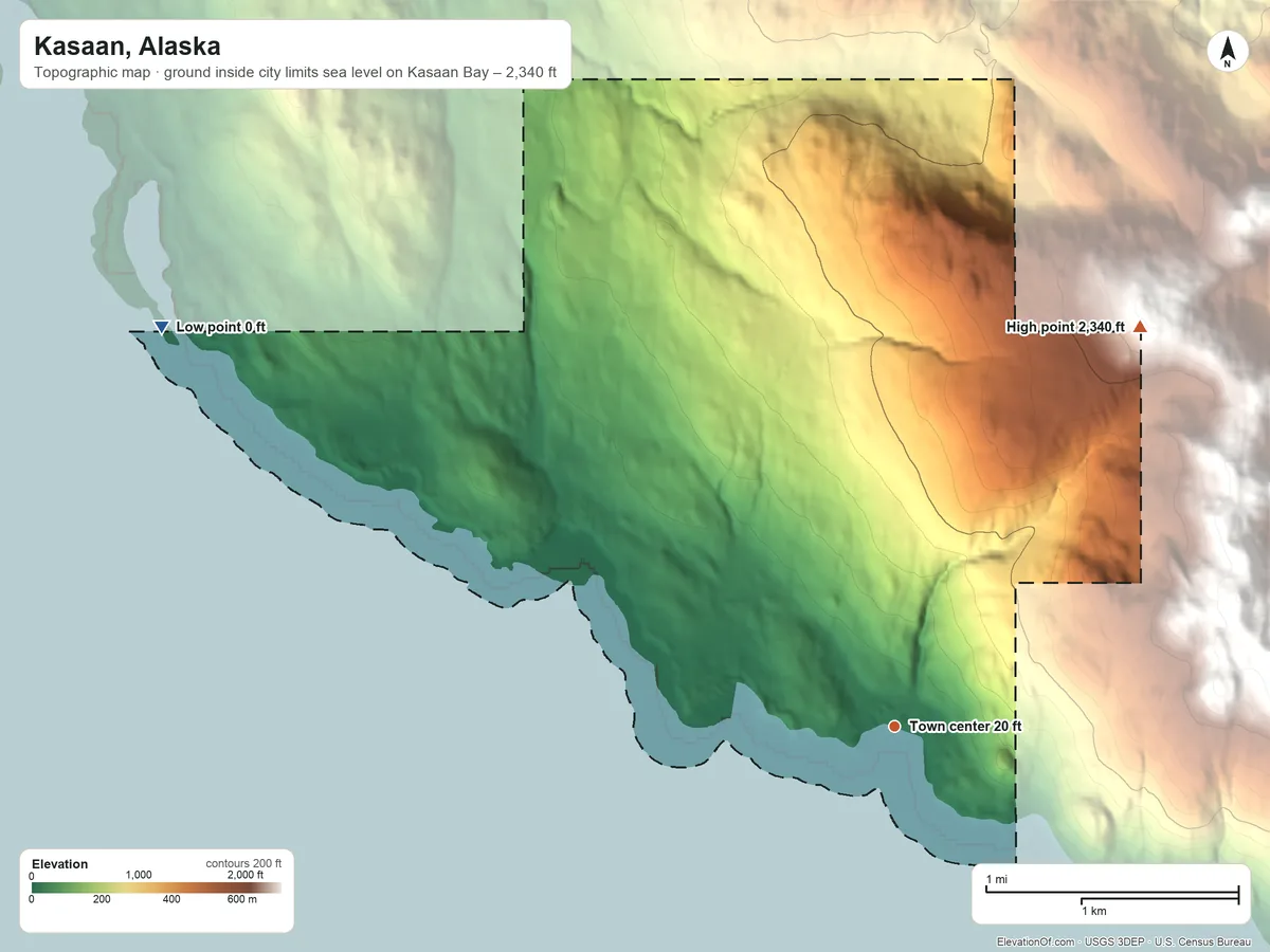 Topographic elevation map of Kasaan, Alaska, shaded from sea level level on Kasaan Bay to 2,340 ft on the northeast edge, below higher ground just outside