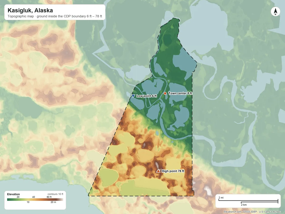 Topographic elevation map of Kasigluk, Alaska, shaded from 6 ft on the west side to 78 ft on the south side