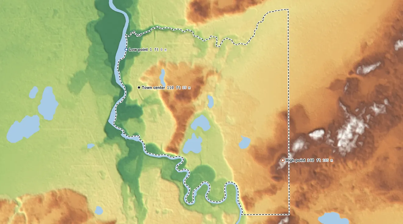 Topographic elevation map of Kasilof, Alaska, shaded from 1 ft on the north side to 340 ft on the southeast side