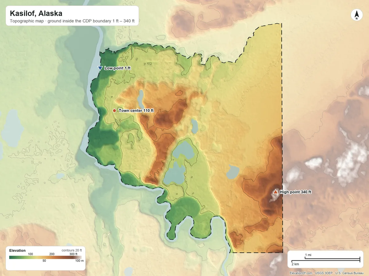 Topographic elevation map of Kasilof, Alaska, shaded from 1 ft on the north side to 340 ft on the southeast side