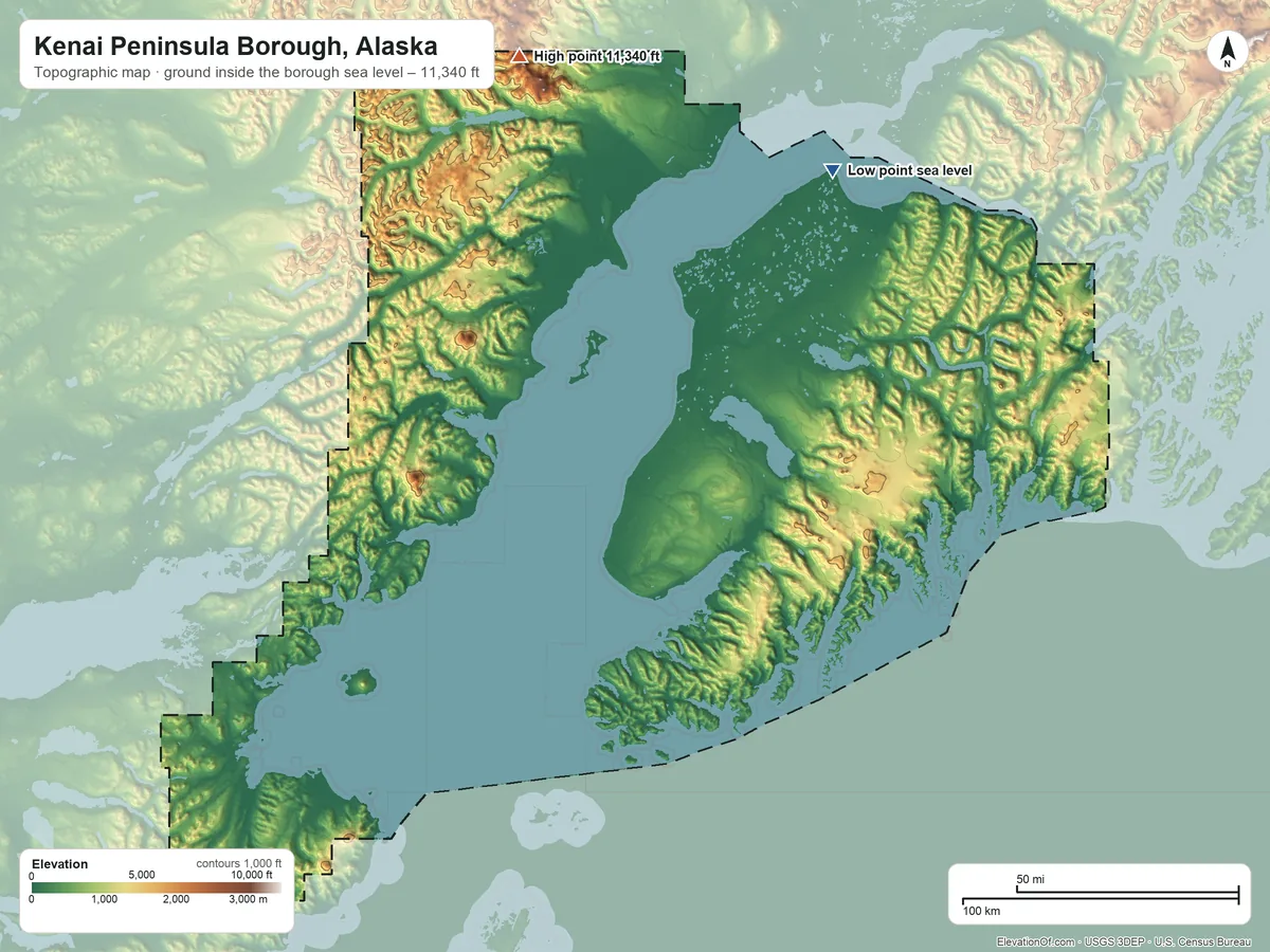 Topographic elevation map of Kenai Peninsula Borough, Alaska, shaded from sea level on the Turnagain Arm to 11,340 ft on Mount Torbert