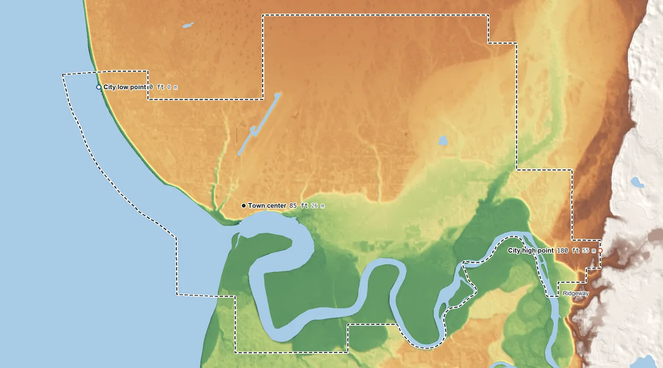 Topographic elevation map of Kenai, Alaska, shaded from sea level level on Cook Inlet to 180 ft on the east side