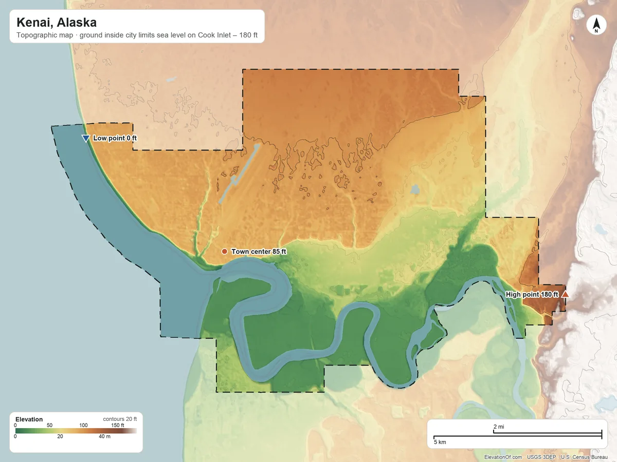 Topographic elevation map of Kenai, Alaska, shaded from sea level level on Cook Inlet to 180 ft on the east side