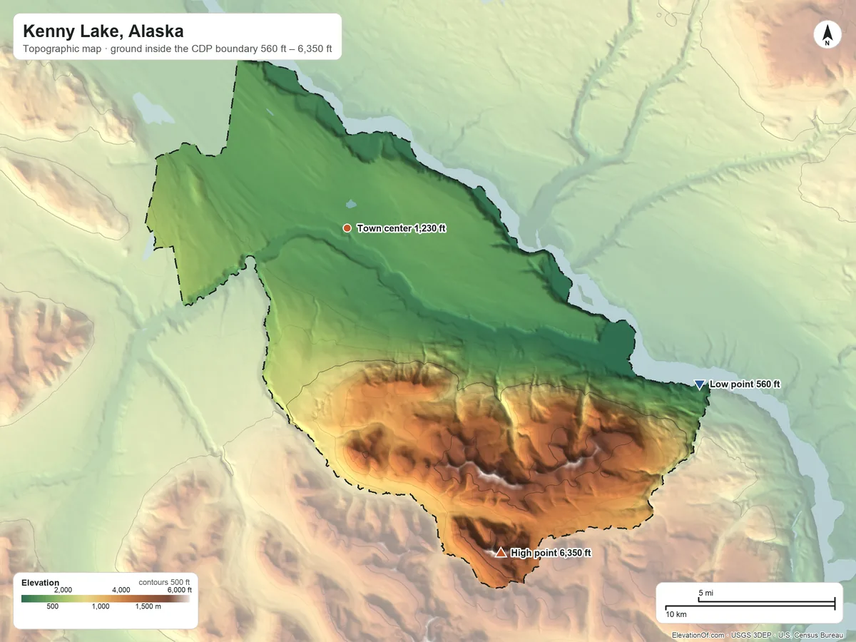 Topographic elevation map of Kenny Lake, Alaska, shaded from 560 ft on the southeast side to 6,350 ft on the southeast side