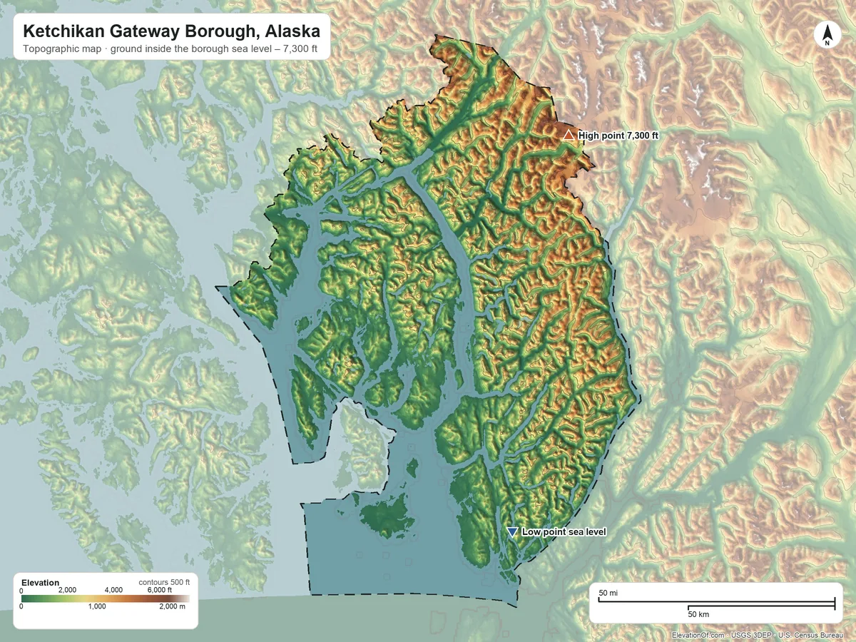 Topographic elevation map of Ketchikan Gateway Borough, Alaska, shaded from sea level on Willard Inlet to 7,300 ft on Mount Wilson