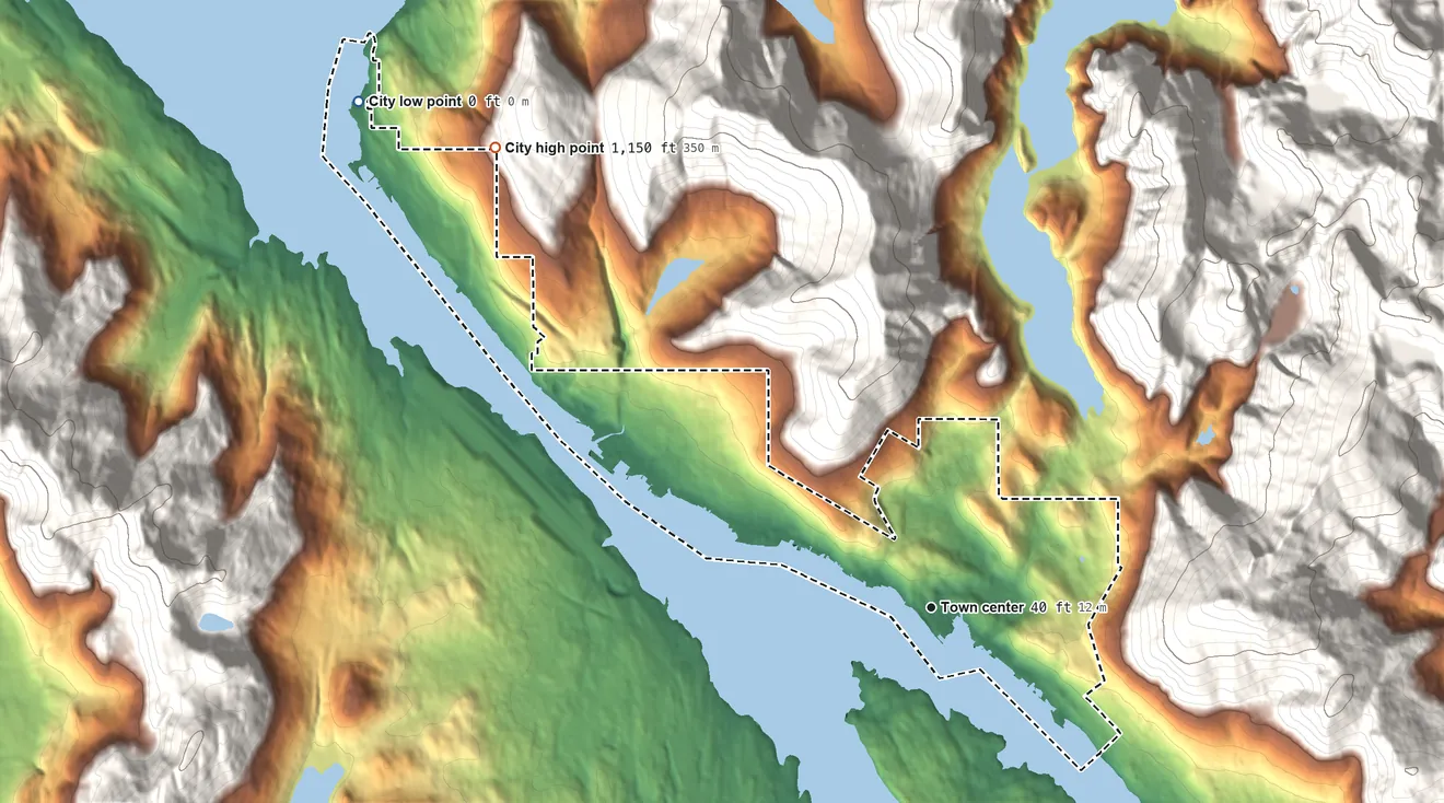 Topographic elevation map of Ketchikan, Alaska, shaded from sea level level on the Tongass Narrows to 1,150 ft at the foot of the California Ridge