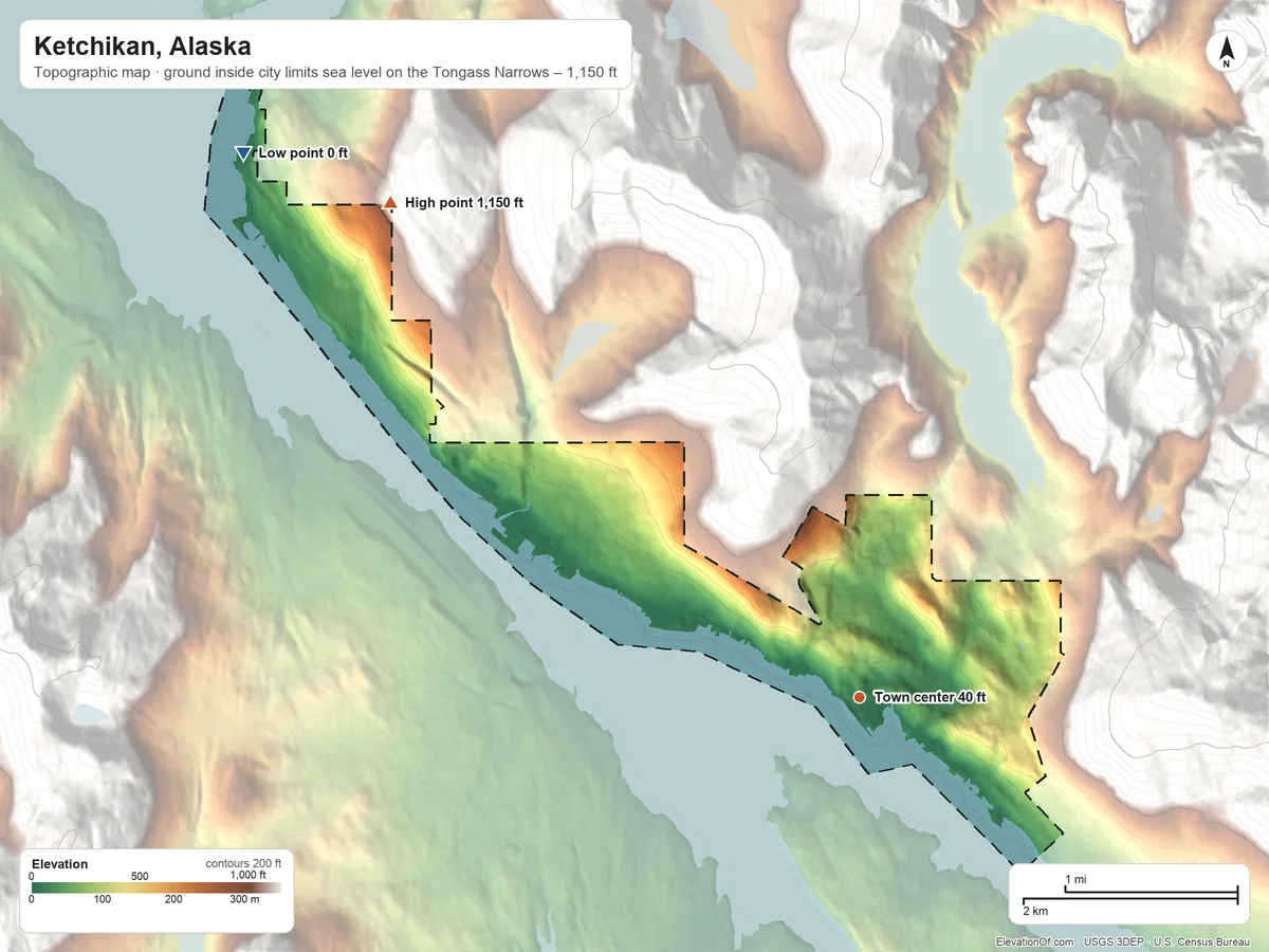 Topographic elevation map of Ketchikan, Alaska, shaded from sea level level on the Tongass Narrows to 1,150 ft at the foot of the California Ridge
