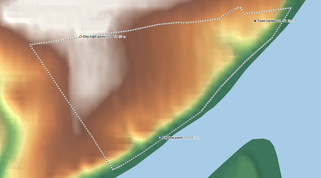Topographic elevation map of Kiana, Alaska, shaded from 11 ft on the southwest side to 160 ft on the west side