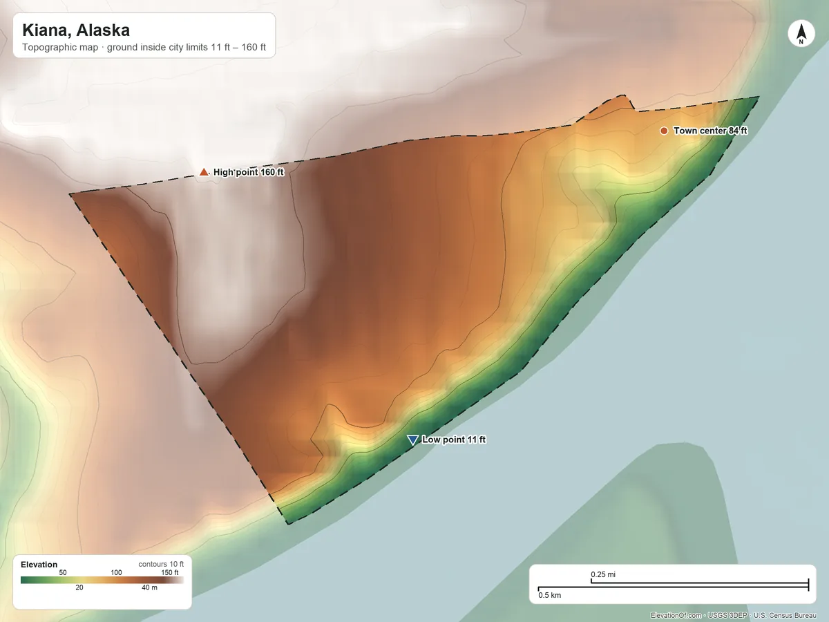 Topographic elevation map of Kiana, Alaska, shaded from 11 ft on the southwest side to 160 ft on the west side