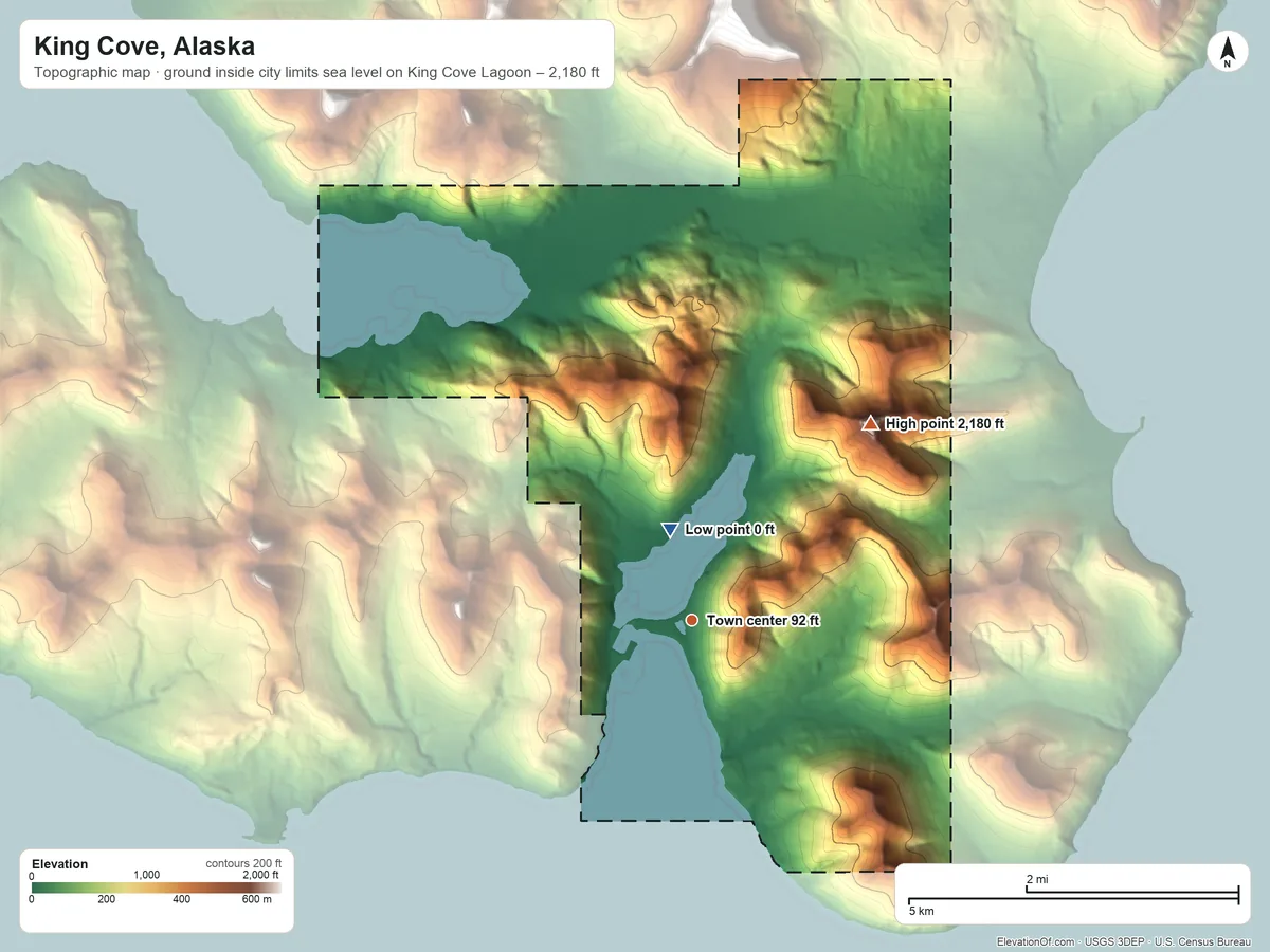 Topographic elevation map of King Cove, Alaska, shaded from sea level level on King Cove Lagoon to 2,180 ft on the northeast side