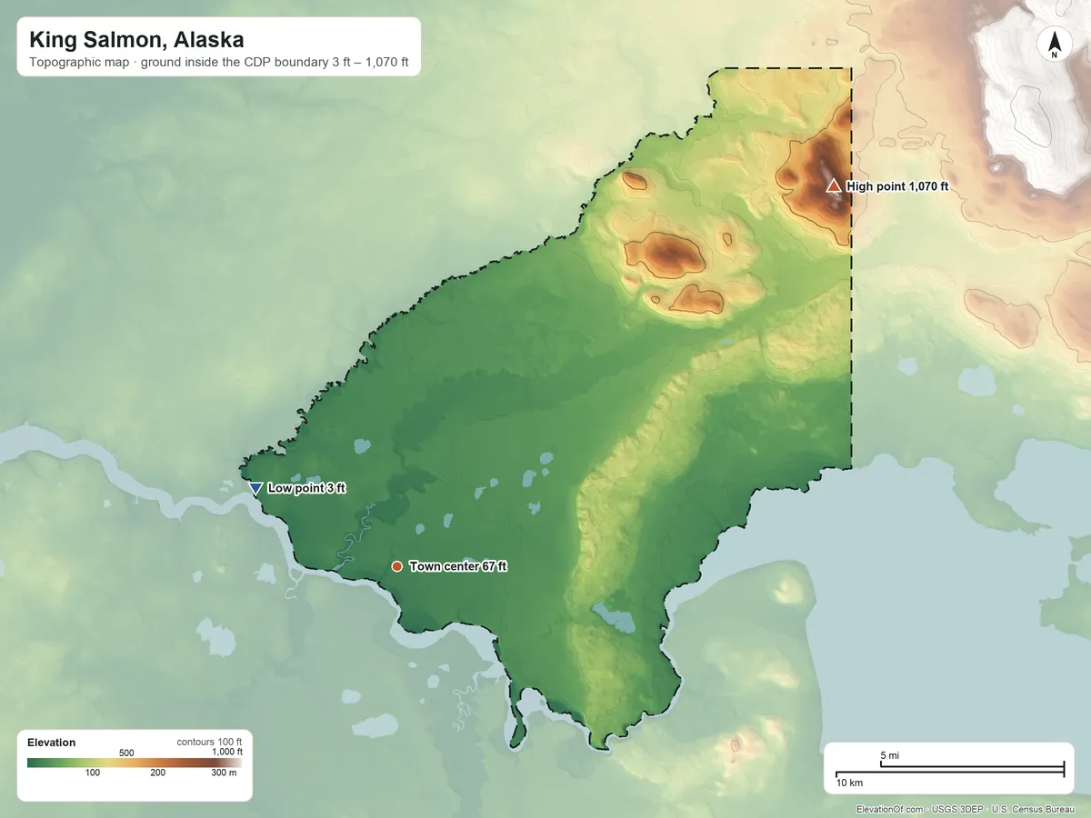 Topographic elevation map of King Salmon, Alaska, shaded from 3 ft on the northwest side to 1,070 ft on the northeast side
