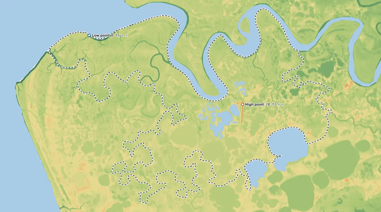 Topographic elevation map of Kipnuk, Alaska, shaded from sea level level on Kinak Bay to 20 ft on the east side
