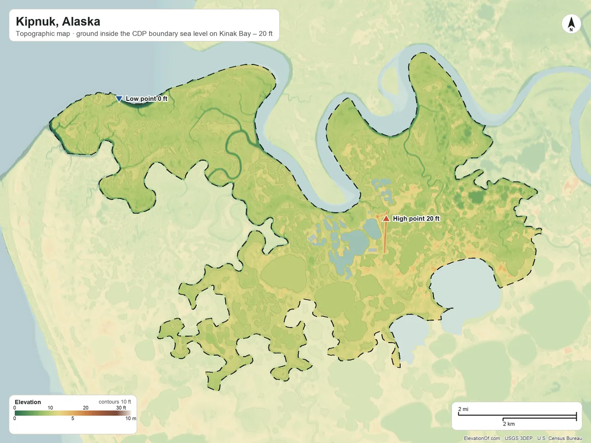Topographic elevation map of Kipnuk, Alaska, shaded from sea level level on Kinak Bay to 20 ft on the east side
