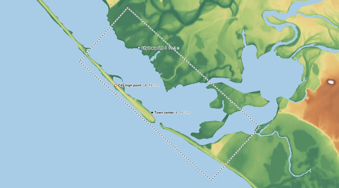Topographic elevation map of Kivalina, Alaska, shaded from 4 ft on the north side to 18 ft on the northwest side