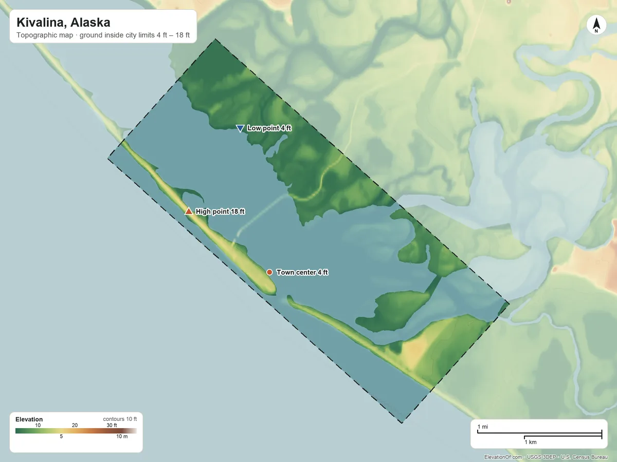 Topographic elevation map of Kivalina, Alaska, shaded from 4 ft on the north side to 18 ft on the northwest side