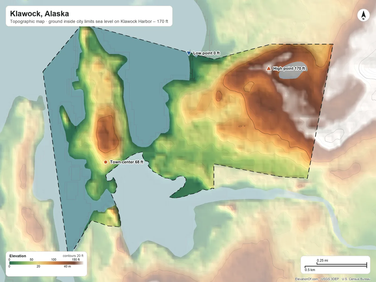 Topographic elevation map of Klawock, Alaska, shaded from sea level level on Klawock Harbor to 170 ft on the northeast edge, below higher ground just outside