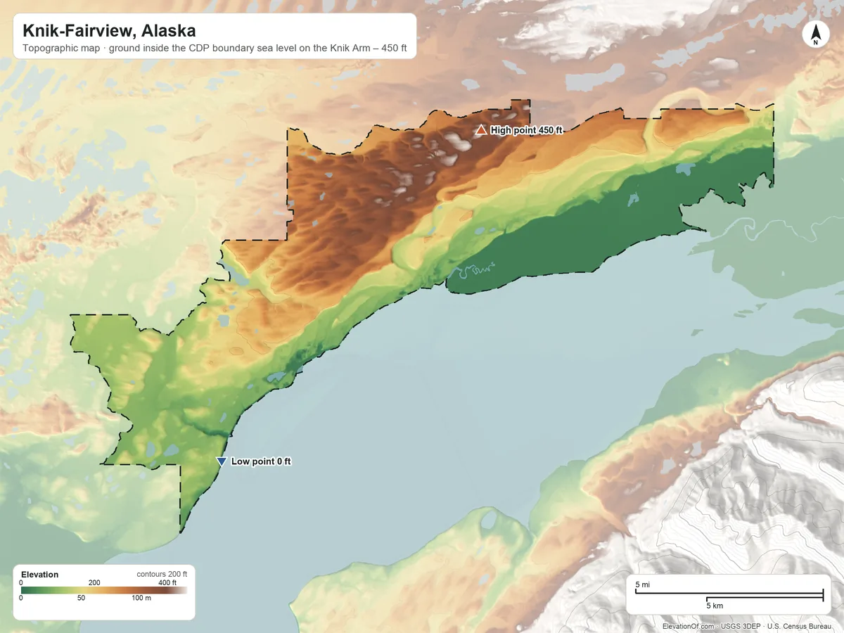 Topographic elevation map of Knik-Fairview, Alaska, shaded from sea level level on the Knik Arm to 450 ft on the north side