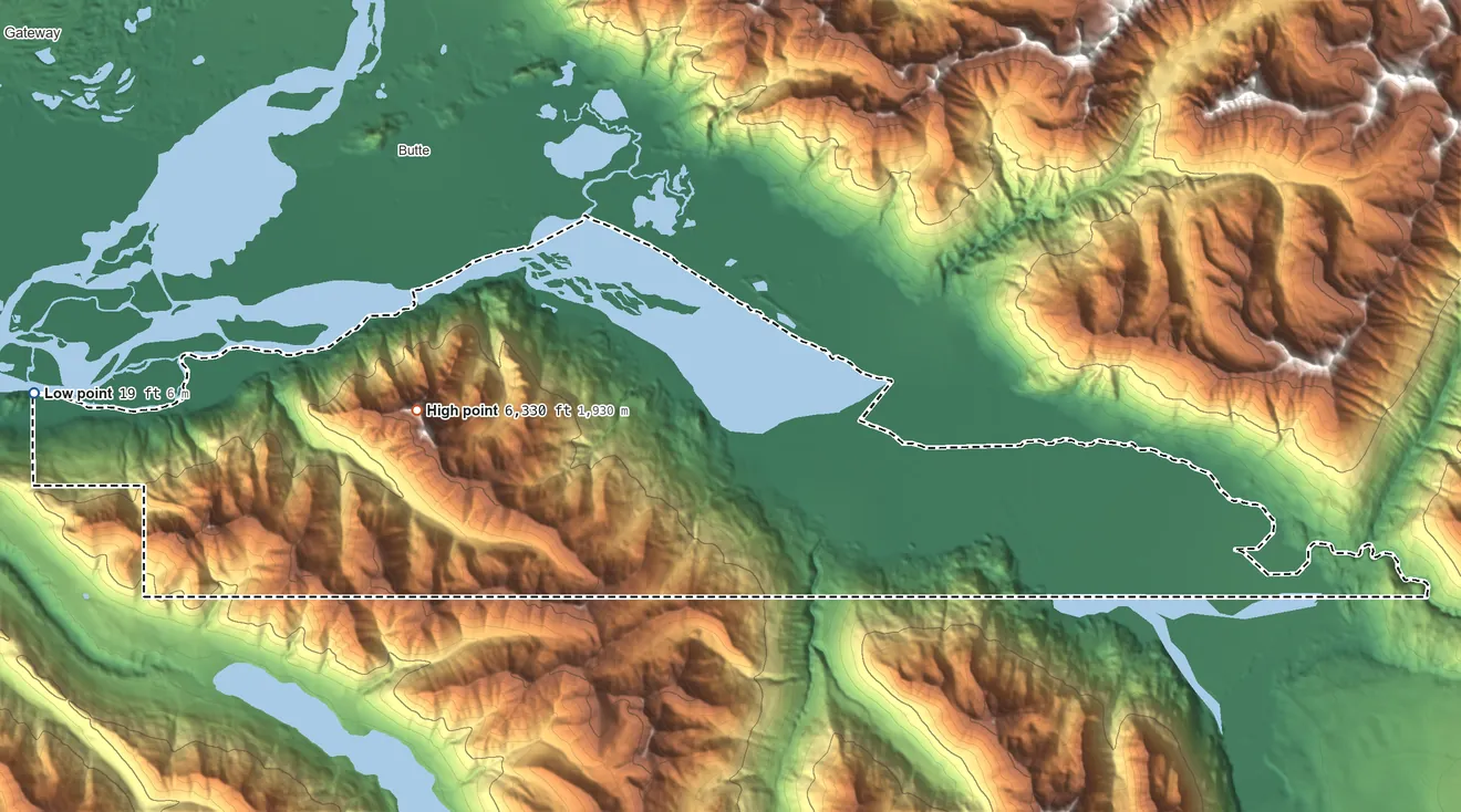Topographic elevation map of Knik River, Alaska, shaded from 19 ft on the west side to 6,330 ft on Pioneer Peak