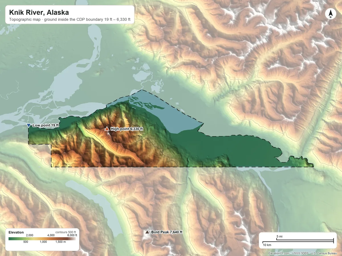 Topographic elevation map of Knik River, Alaska, shaded from 19 ft on the west side to 6,330 ft on Pioneer Peak