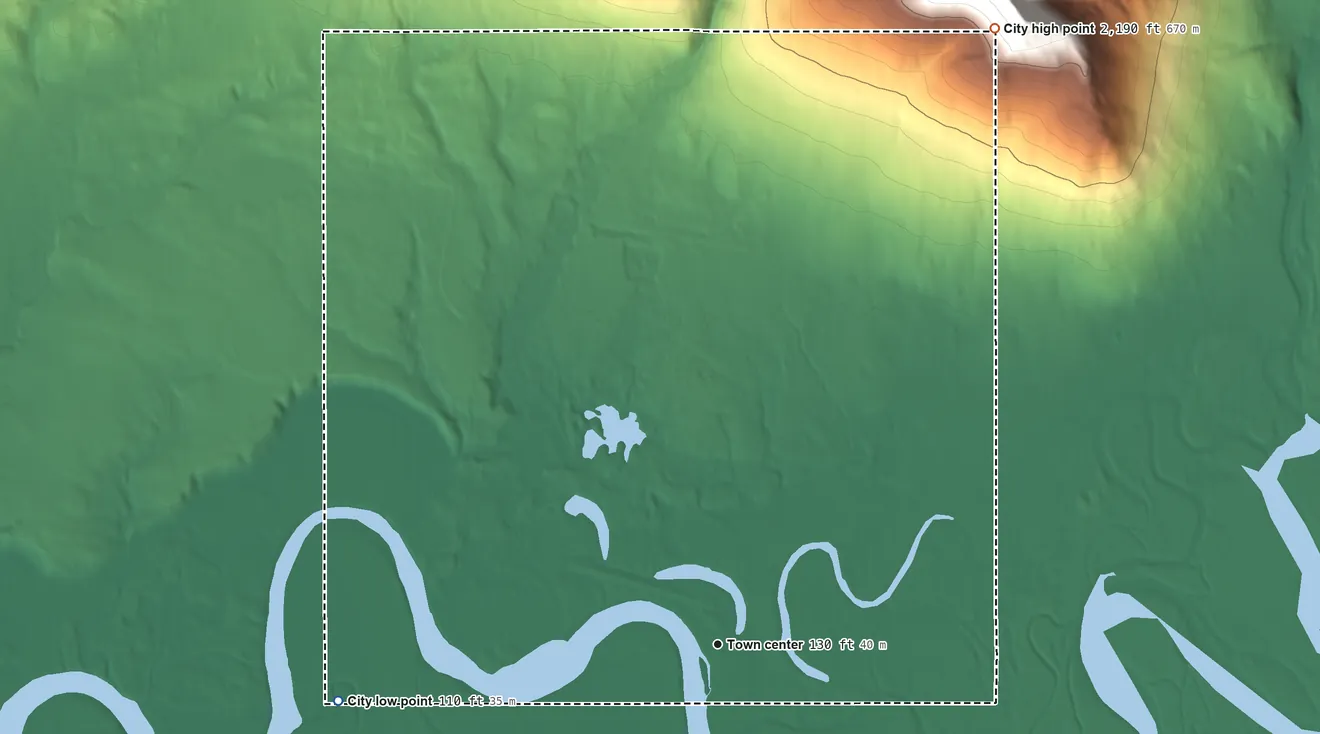 Topographic elevation map of Kobuk, Alaska, shaded from 110 ft on the west side to 2,190 ft at the foot of the Cosmos Hills