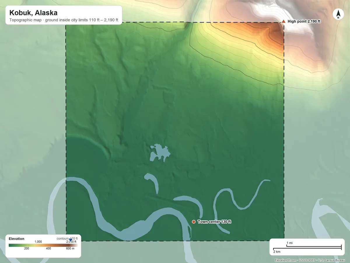 Topographic elevation map of Kobuk, Alaska, shaded from 110 ft on the west side to 2,190 ft at the foot of the Cosmos Hills