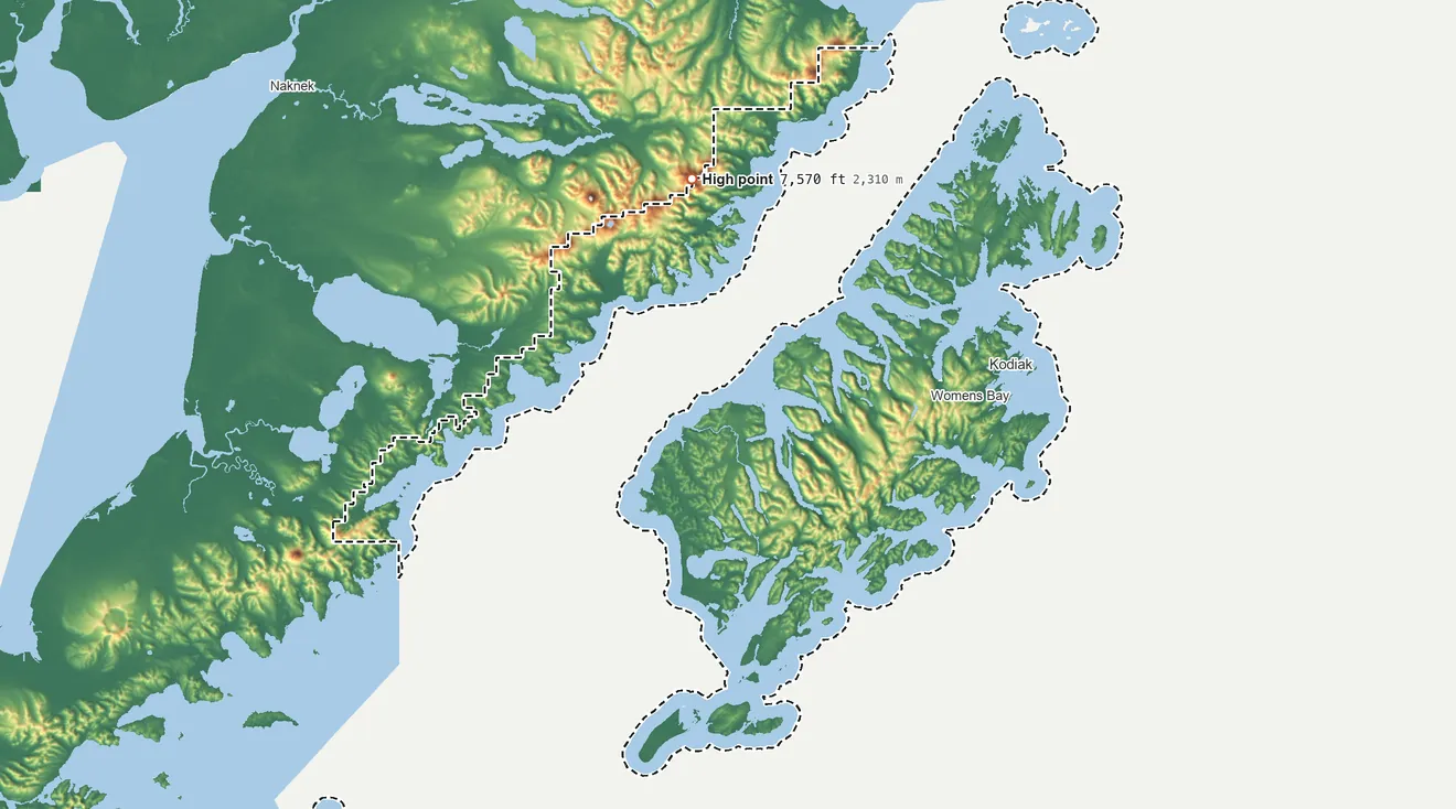 Topographic elevation map of Kodiak Island Borough, Alaska, shaded from sea level on the Pacific Ocean to 7,570 ft on Mount Denison
