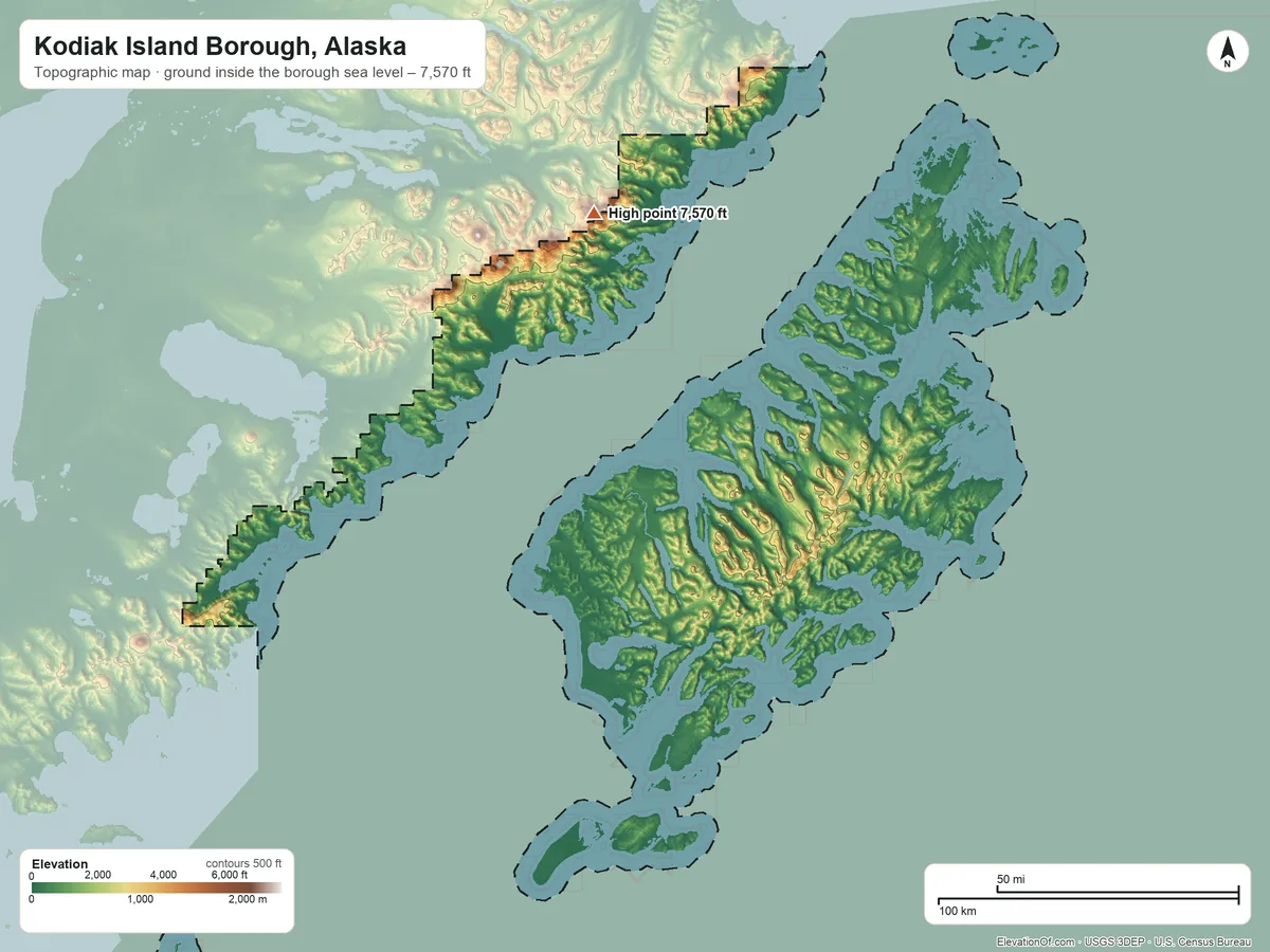 Topographic elevation map of Kodiak Island Borough, Alaska, shaded from sea level on the Pacific Ocean to 7,570 ft on Mount Denison