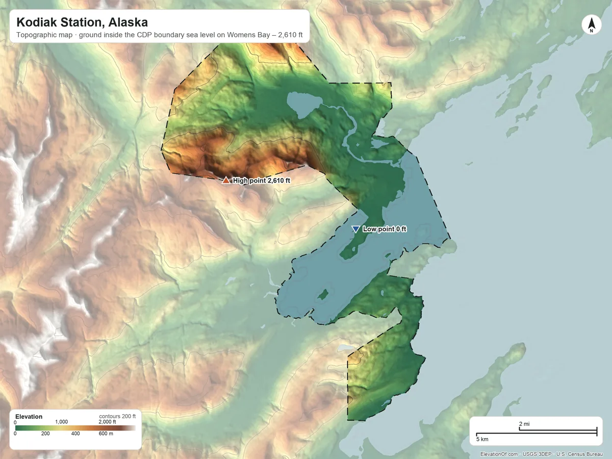 Topographic elevation map of Kodiak Station, Alaska, shaded from sea level level on Womens Bay to 2,610 ft on Erskine Mountain